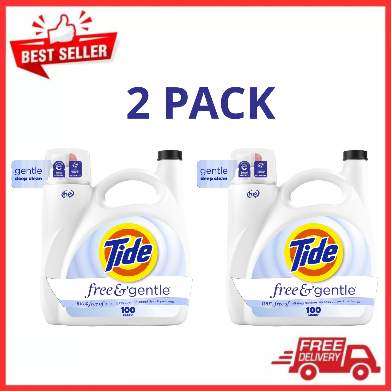 Tide Free & Gentle Liquid Laundry Detergent 132 fl oz 100 Loads Unscented, 2 PK