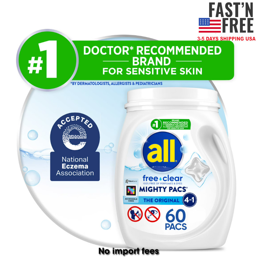 all Mighty Pacs Laundry Detergent Pacs, Free Clear for Sensitive Skin, 60 Count