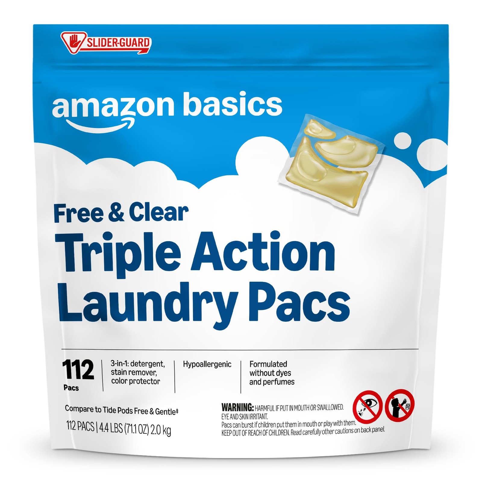 Amazon Basics Laundry Detergent Pacs, Free & Clear, Powerful Triple Action, Hypo