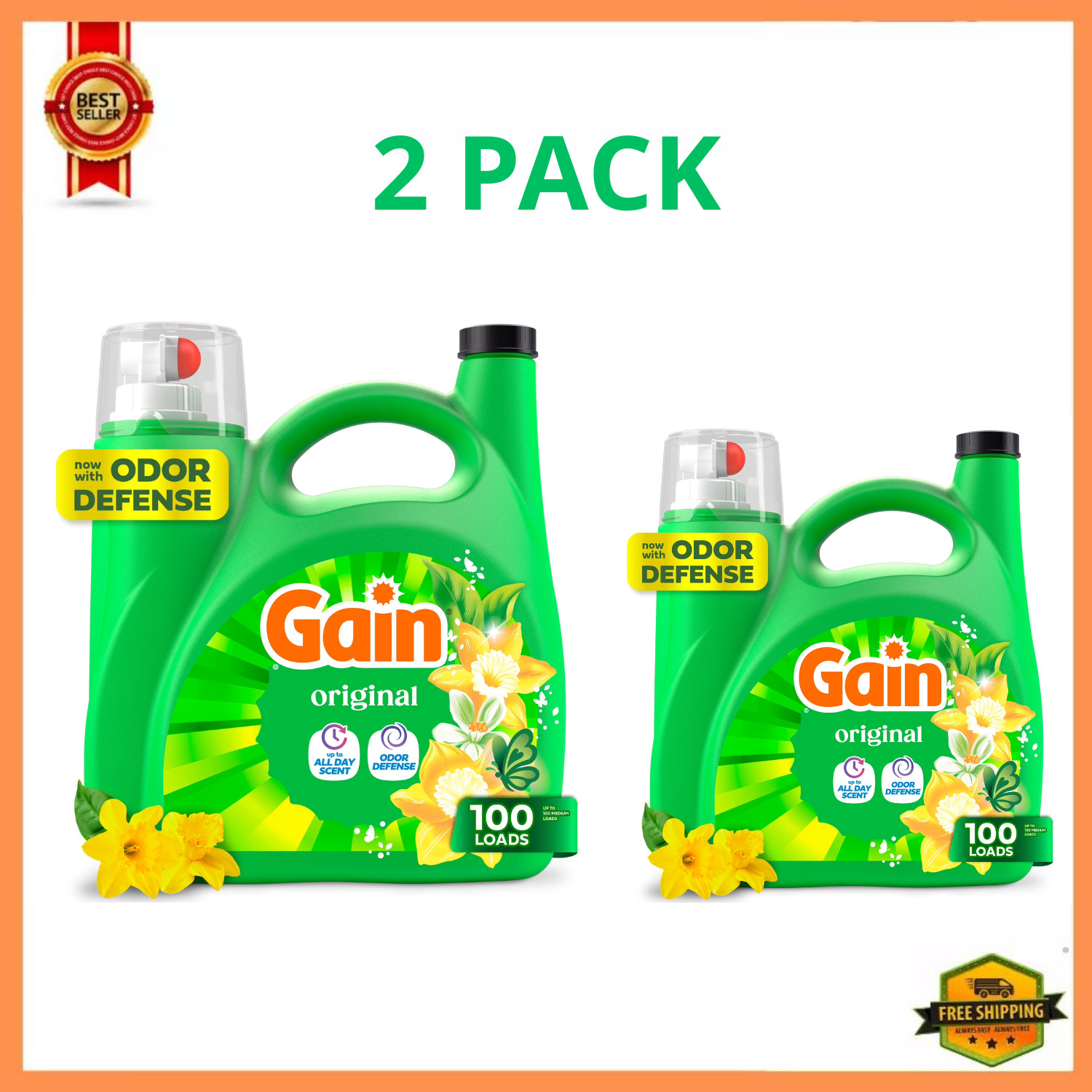 Gain Liquid Laundry Detergent Original 132oz 100 Loads HE, 2 Pack