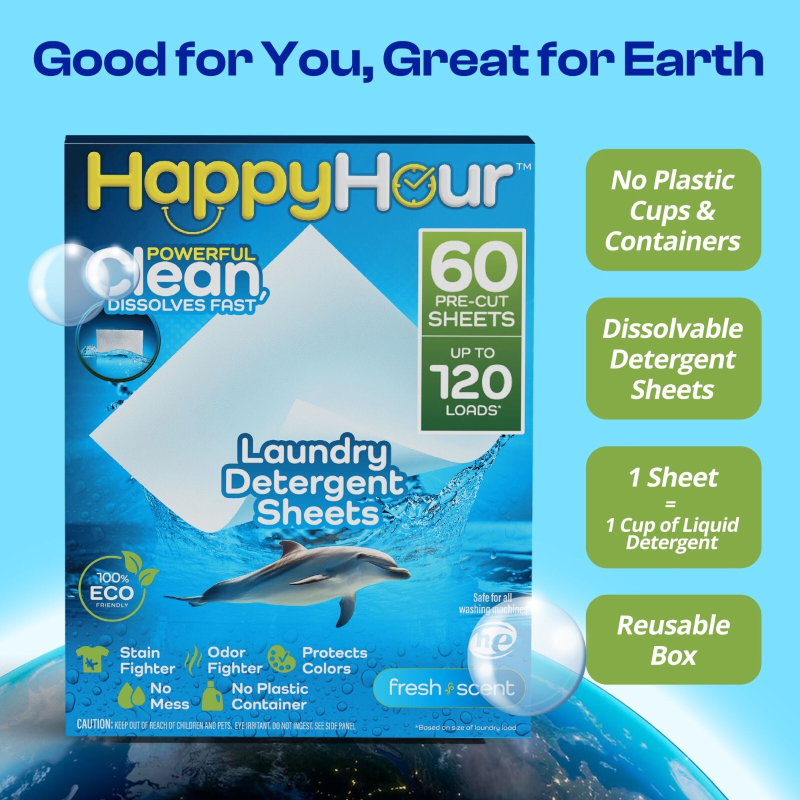Happy Hour Laundry Detergent Sheets Eco Friendly Color Safe 60 Sheets 120 Loads