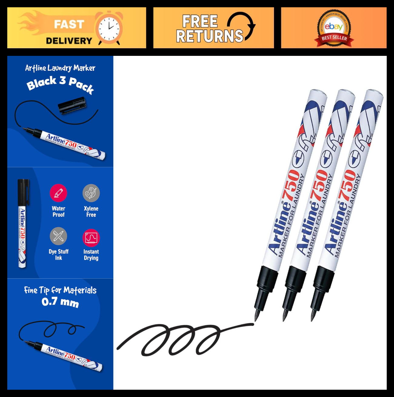 Permanent Laundry Markers – 3-Pack Black Indelible Ink for Light Clothing