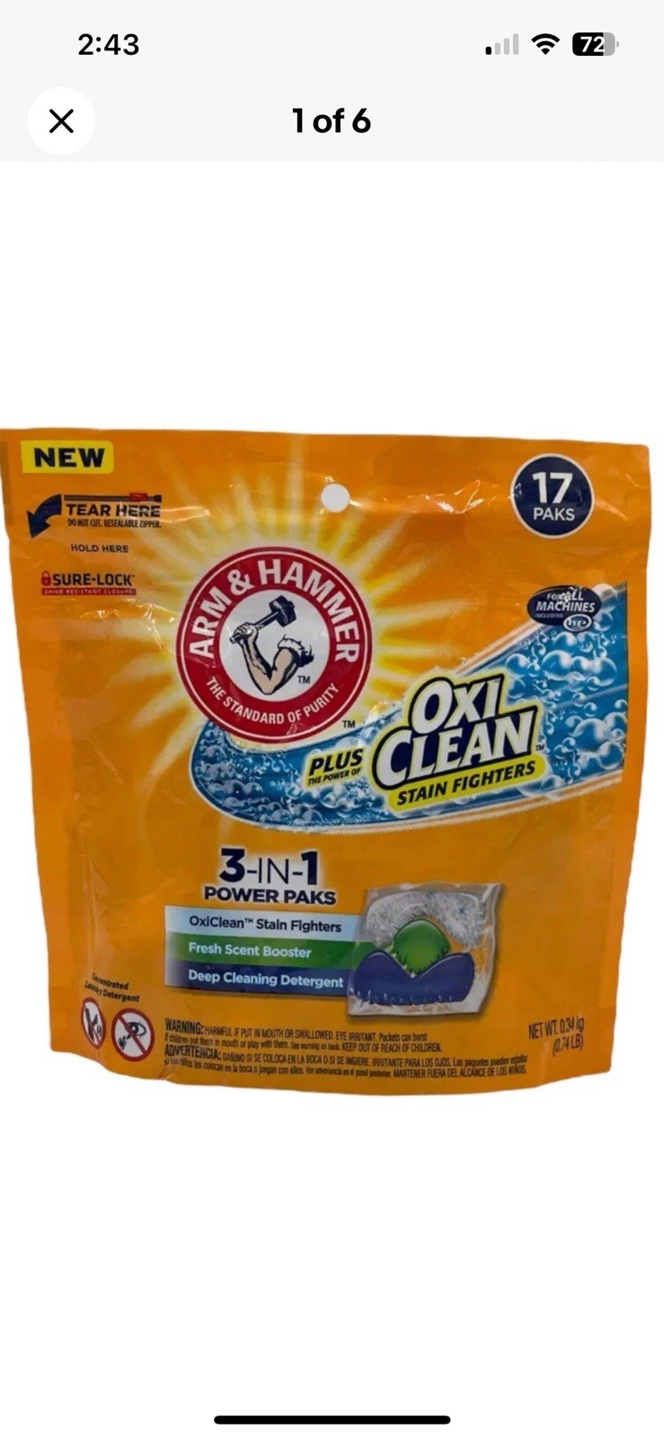 Arm & Hammer OxiClean 3-in-1 Laundry Detergent Fresh Scent = 17 Power Paks