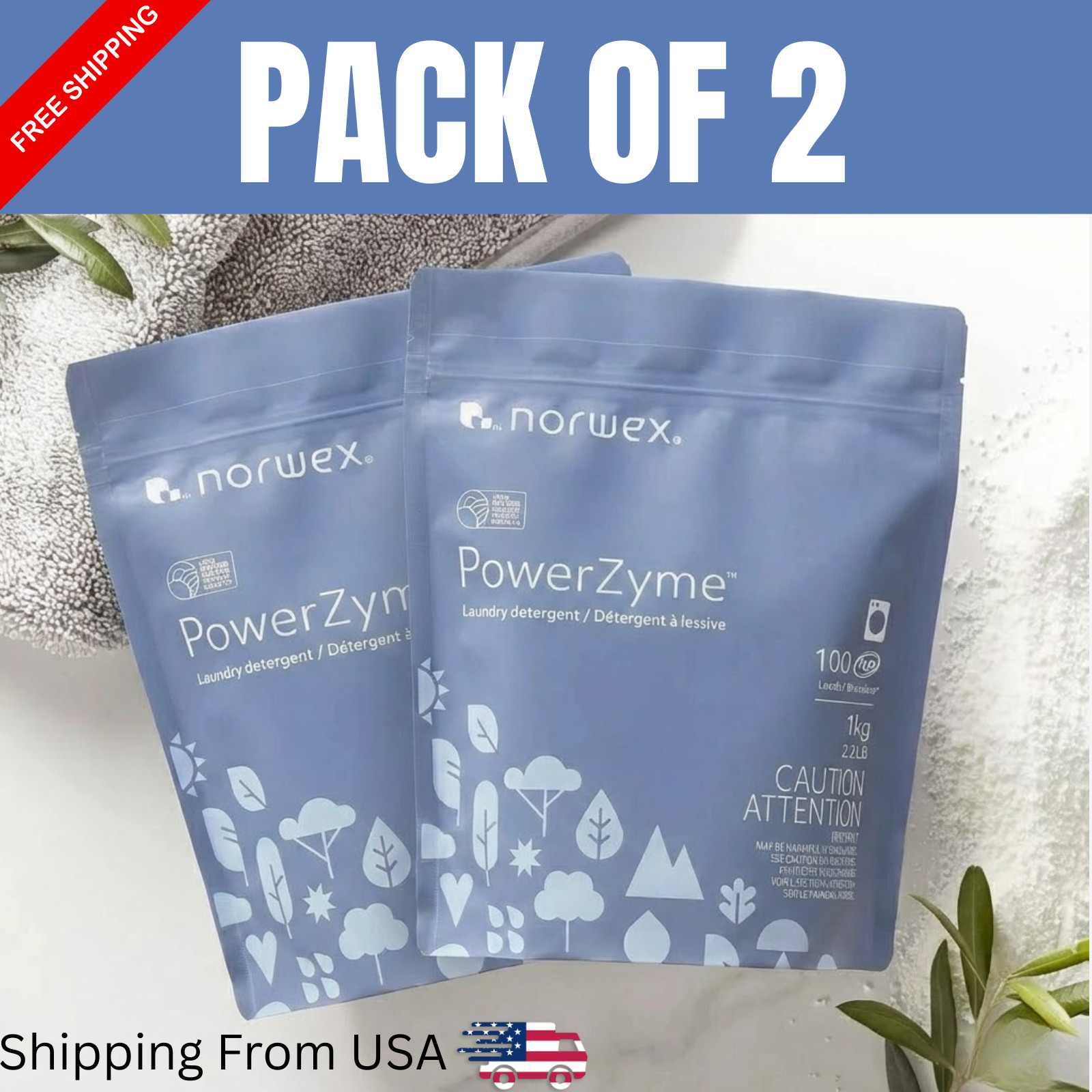 Norwex PowerZyme Laundry Powder Detergent New Formula Pack of 2