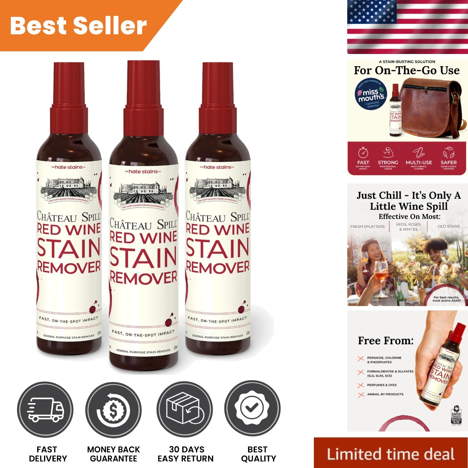 Portable Unscented Wine Stain Spray – 4 Fl Oz Each, Set of 3 for Easy Cleanup