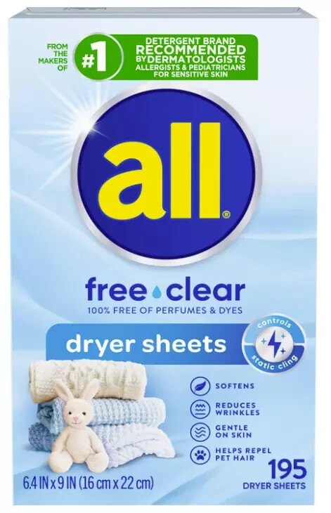 All Fabric Softener Dryer Sheets for Sensitive Skin, Free Clear, 195 Count
