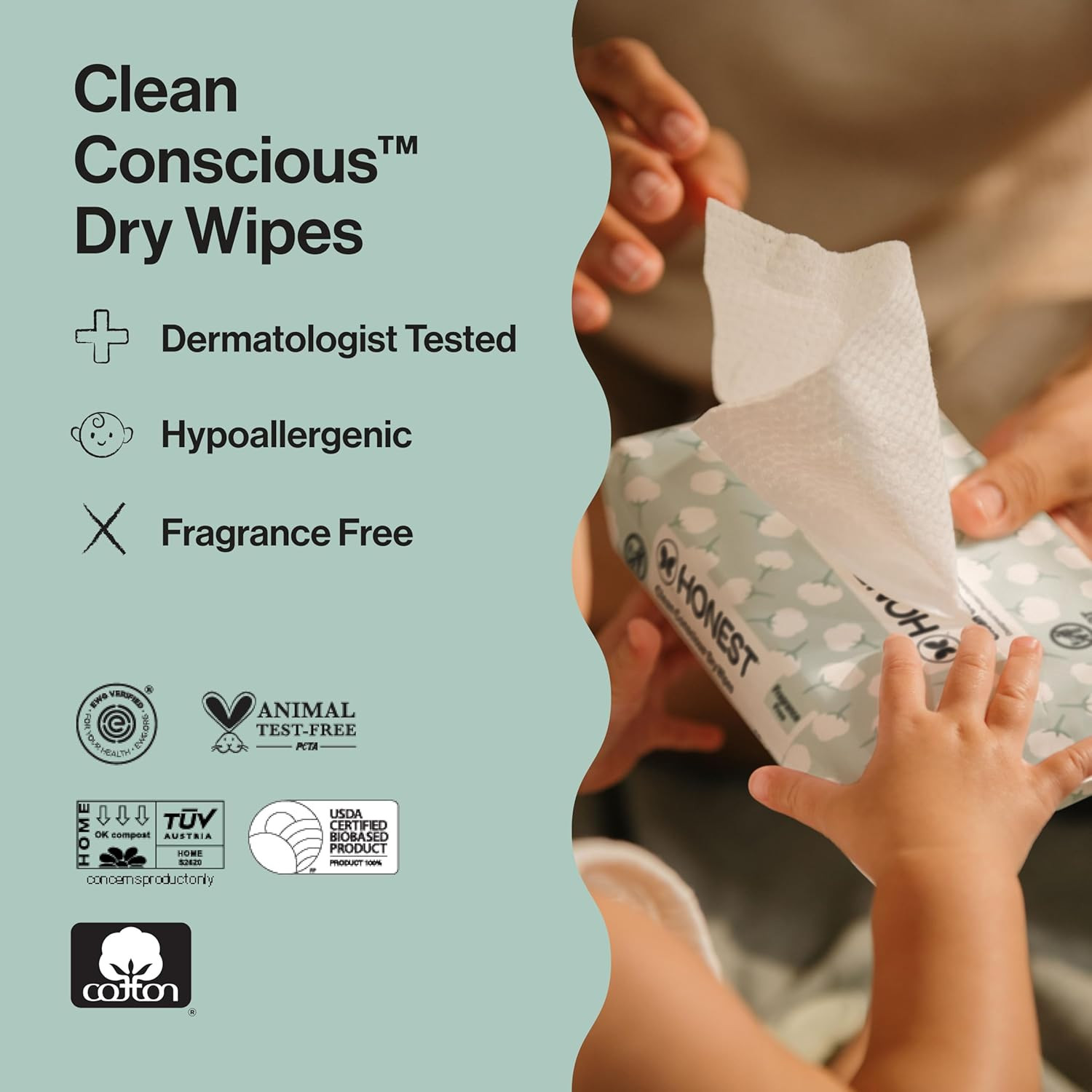 The Honest Company Organic Cotton Dry Wipes Baby Facial Cloths 192 Count New