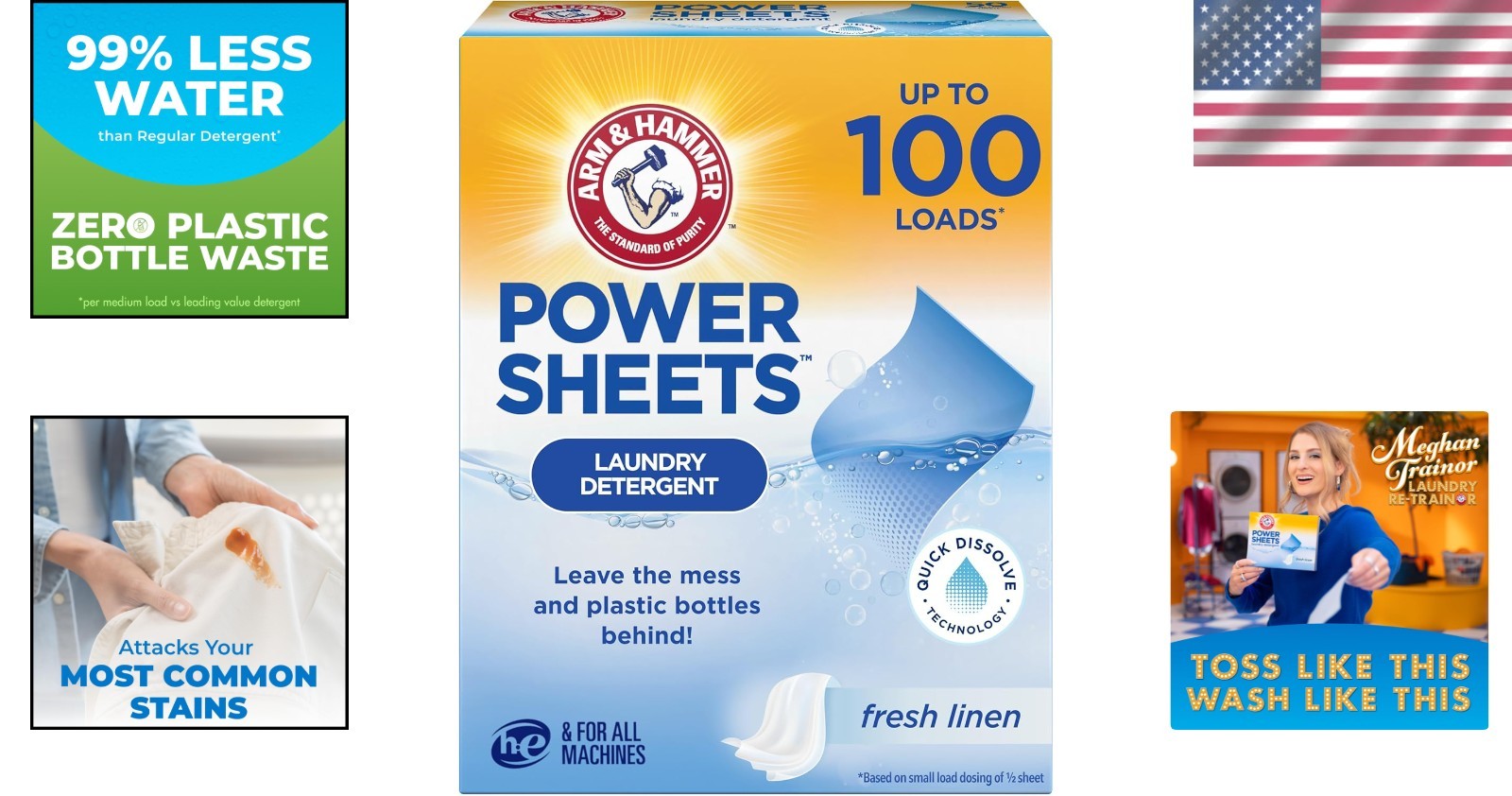 Power Sheets Laundry Detergent, Fresh Linen, 50ct – Quick Dissolve Efficiency