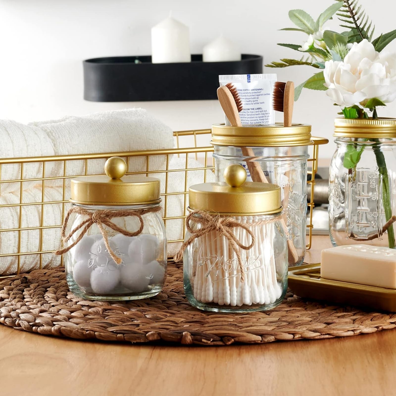 3Pack Warm Golden Undertones Bathroom Decor, Cotton Swab Holders, Bathroom Co…