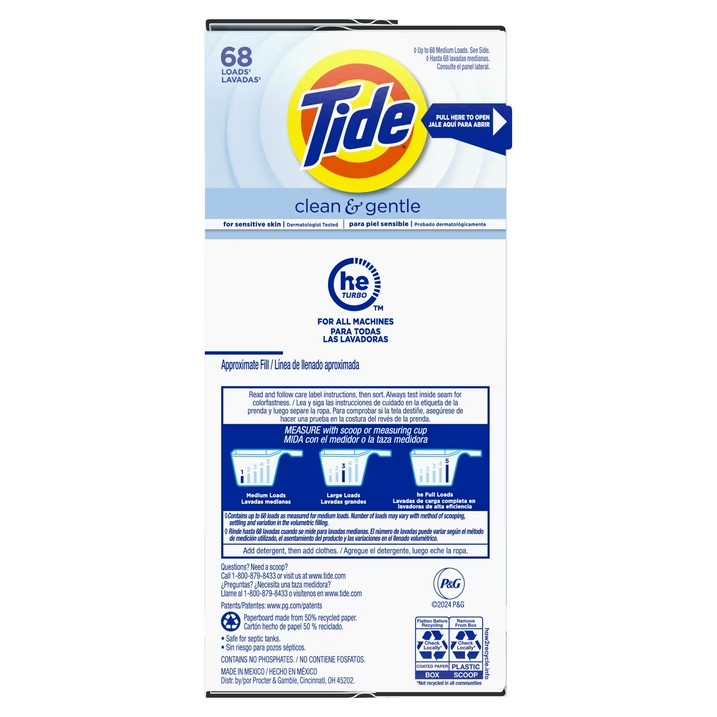 Tide Clean and Gentle Powder Laundry Detergent, Unscented, 77 oz, 68 Loads