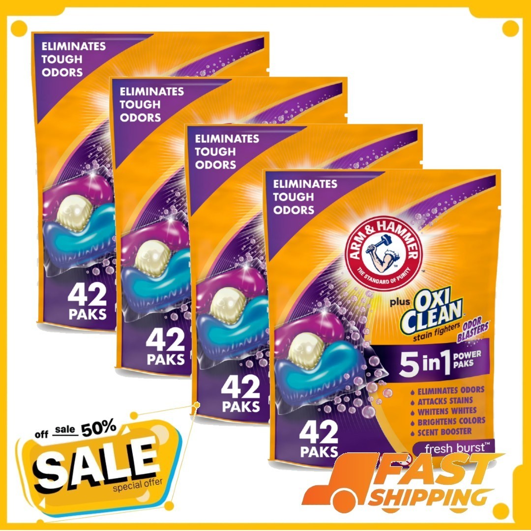 4P ARM & HAMMER Plus OxiClean Odor Blasters 5-in-1 Laundry Detergent Power 42 Ct