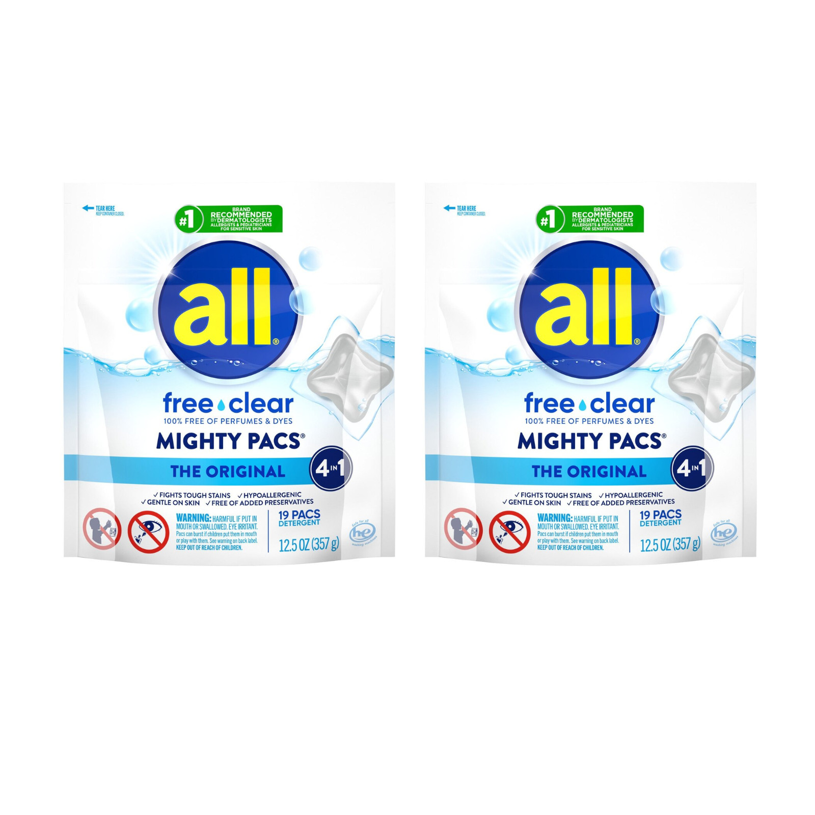All Mighty Pacs Free & Clear Laundry Detergent Pods, 4-in-1, 19ct (pack of 2)