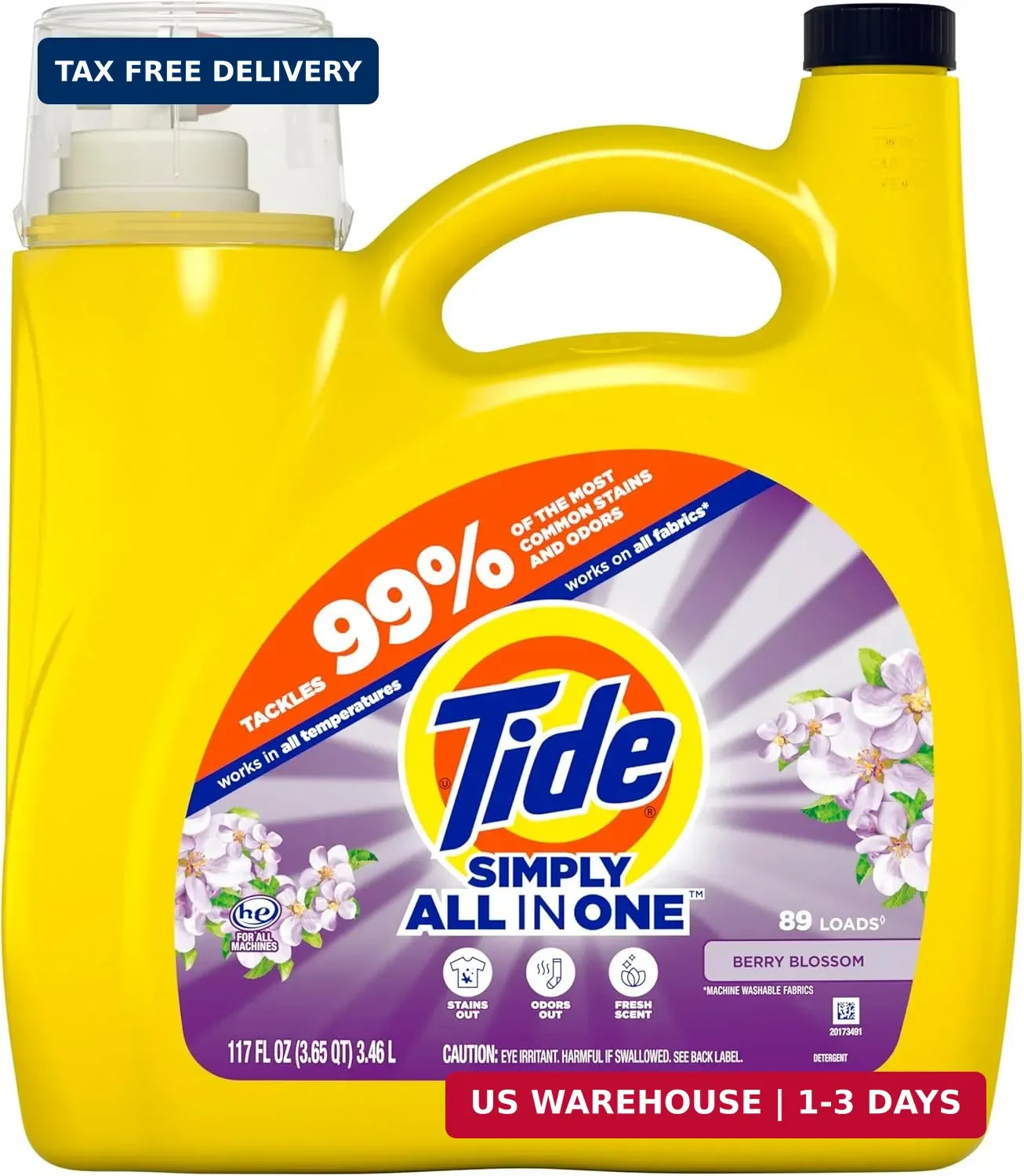 Tide Simply All-In-One Liquid Laundry Detergent, Berry Blossom Scent, 89 Loads,