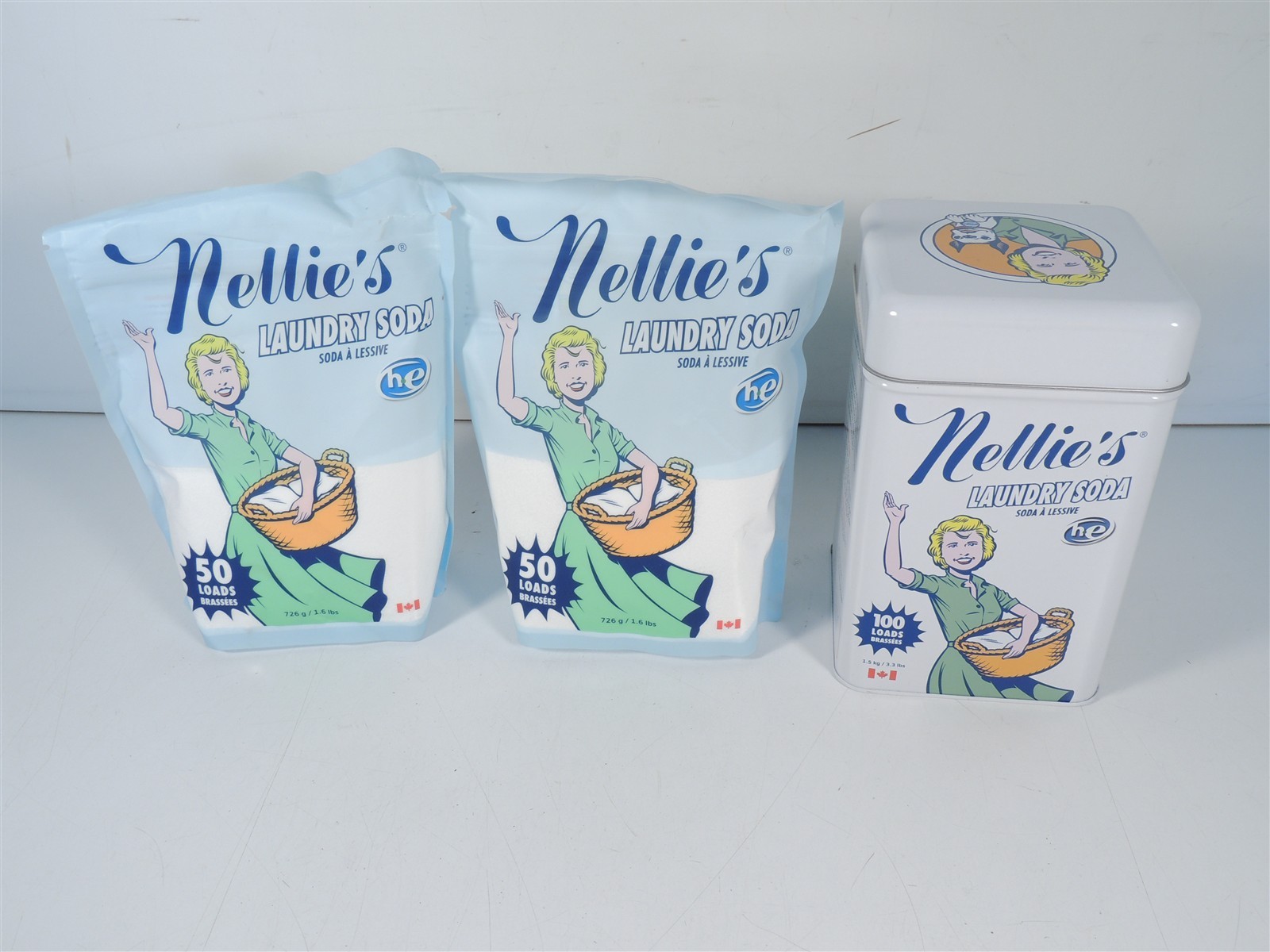 Nellie’s Laundry Soda Lot 100 Loads Tin 3.3 lbs & 2 Bags 50 Loads 1.6 lbs New