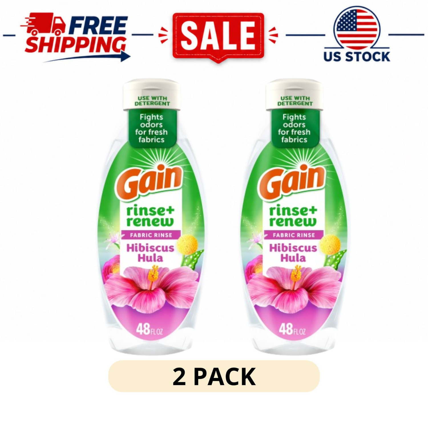 (2 Pack) Gain Rinse & Renew Fabric Rinse Hibiscus Hula, 48 fl oz Odor Fighter