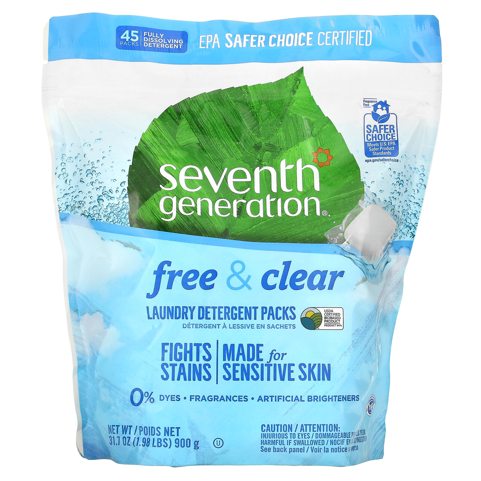 Laundry Detergent Packs, Free & Clear, 45 Packs, 1.98 lbs (900 g)