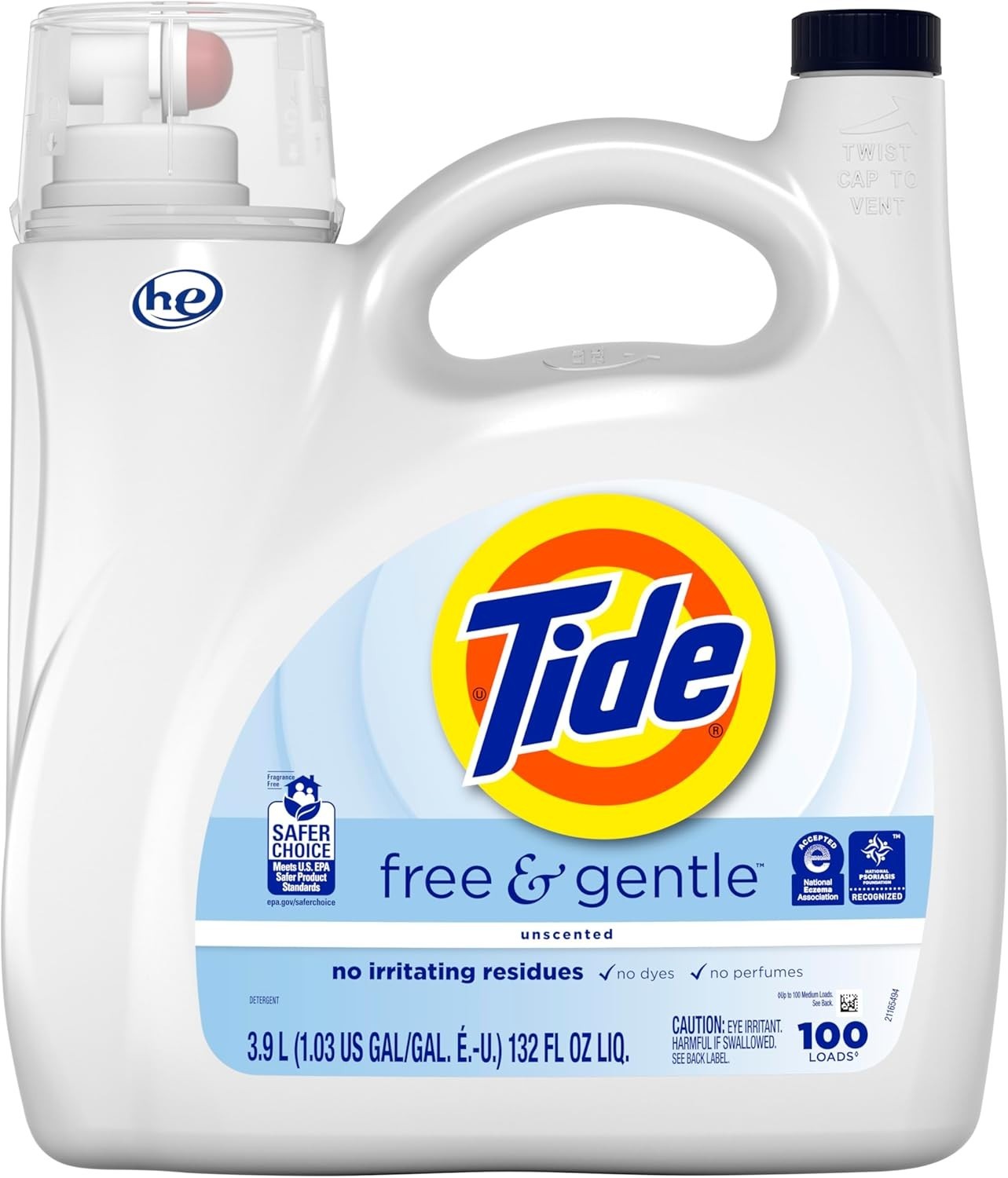 Tide Free & Gentle Liquid Laundry Detergent, 100 Loads, 132 fl oz {NEW ARAIVAL}