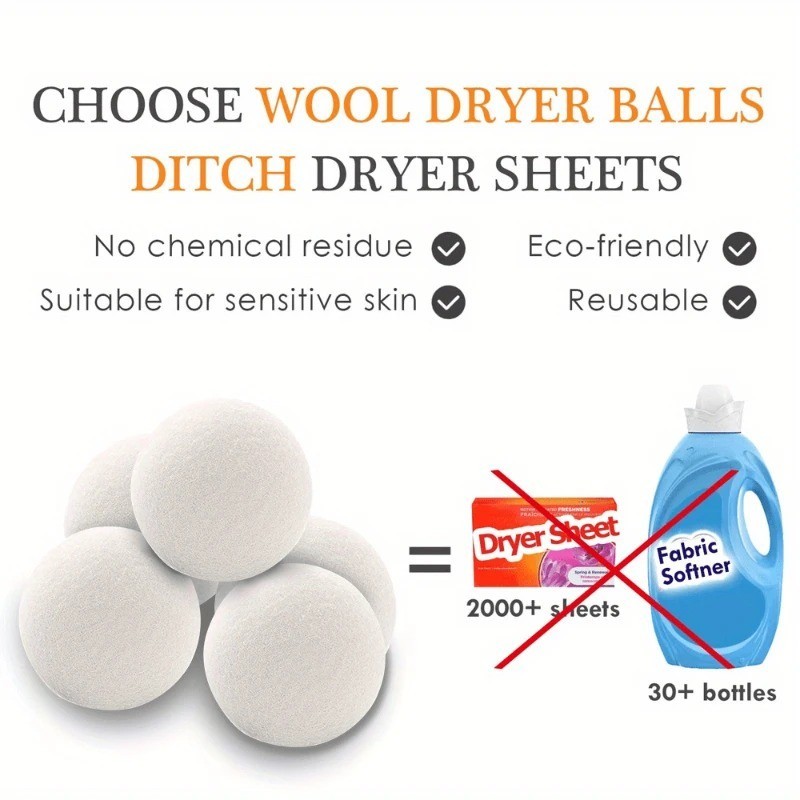 6 Wool Dryer Balls XL Organic Wool Natural Laundry Fabric Softener Antistatic