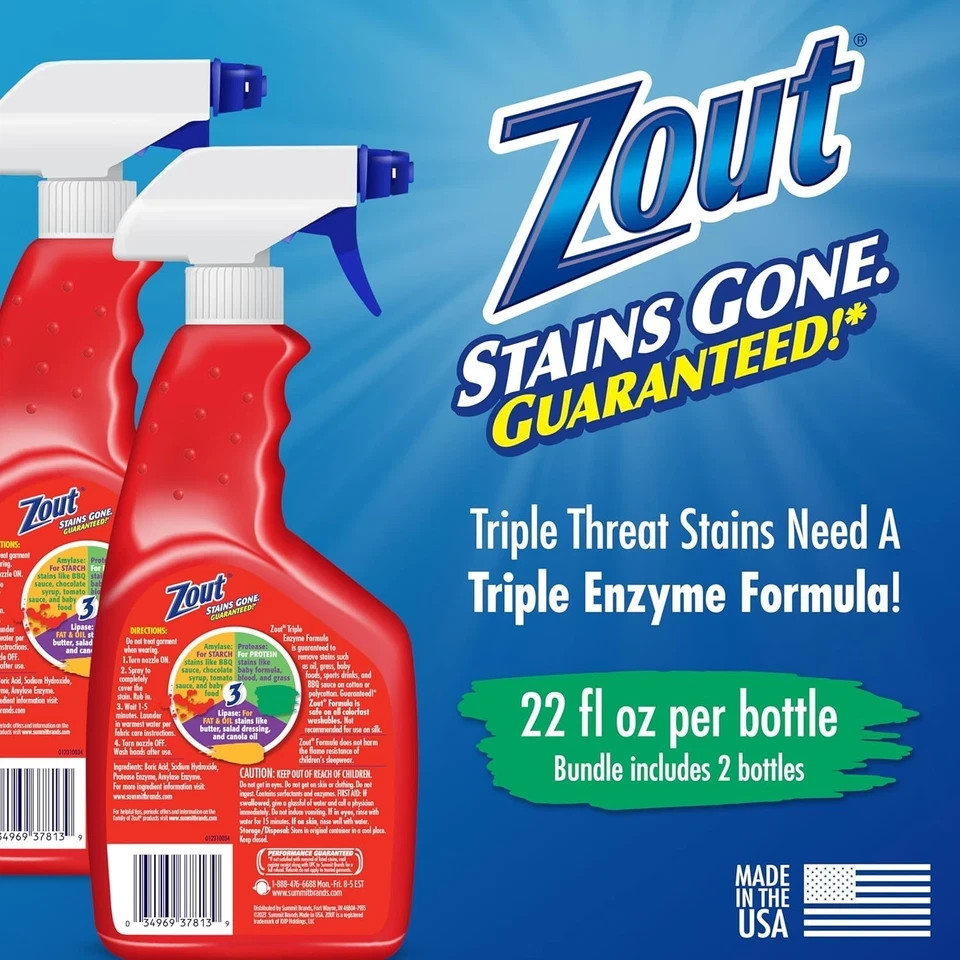 2 Pack of Zout Stain Remover Triple Enzyme Spray 22 Ounce