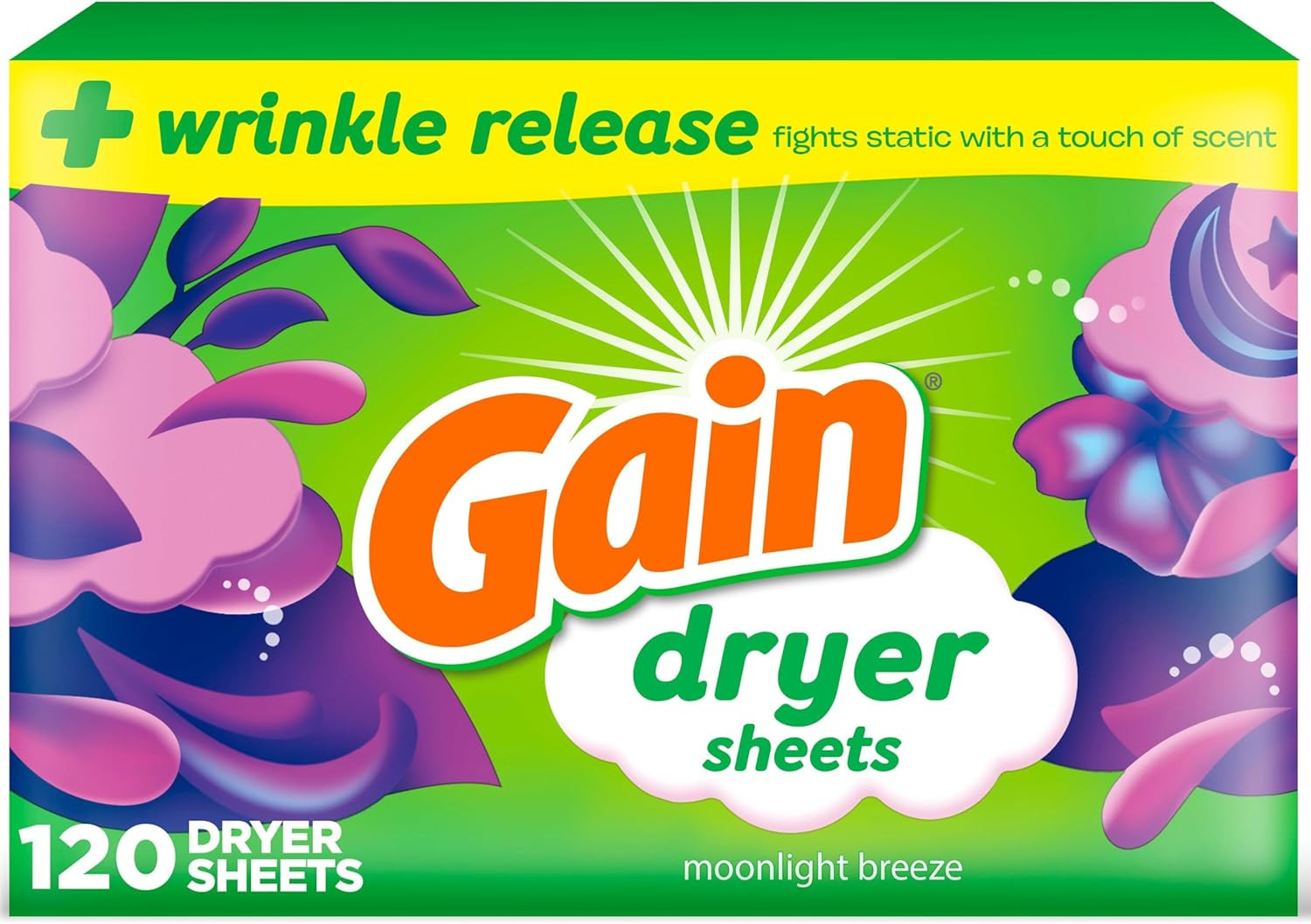 Gain Dryer Sheets plus Wrinkle Release, Moonlight Breeze Scent, 120 Count, Fight