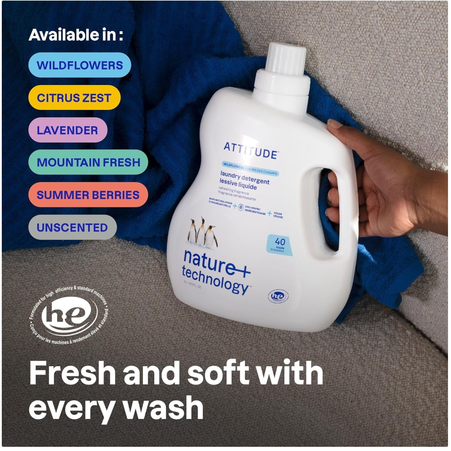 ATTITUDE Plant-Based Laundry Detergent, Unscented, 40 Loads