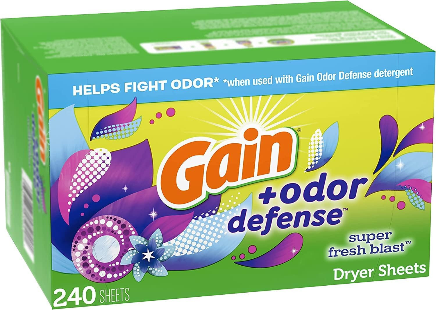 Gain Dryer Sheets plus Odor Defense, Super Fresh Blast Scent, 240 Count, Helps F