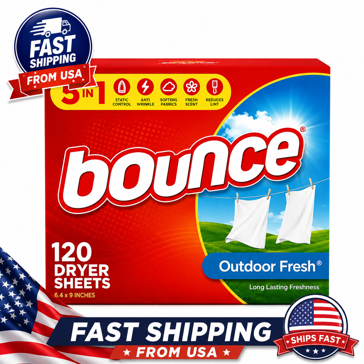 Bounce Dryer Sheet 120 Count Outdoor Fresh Fabric Softener Anti Static Free Ship