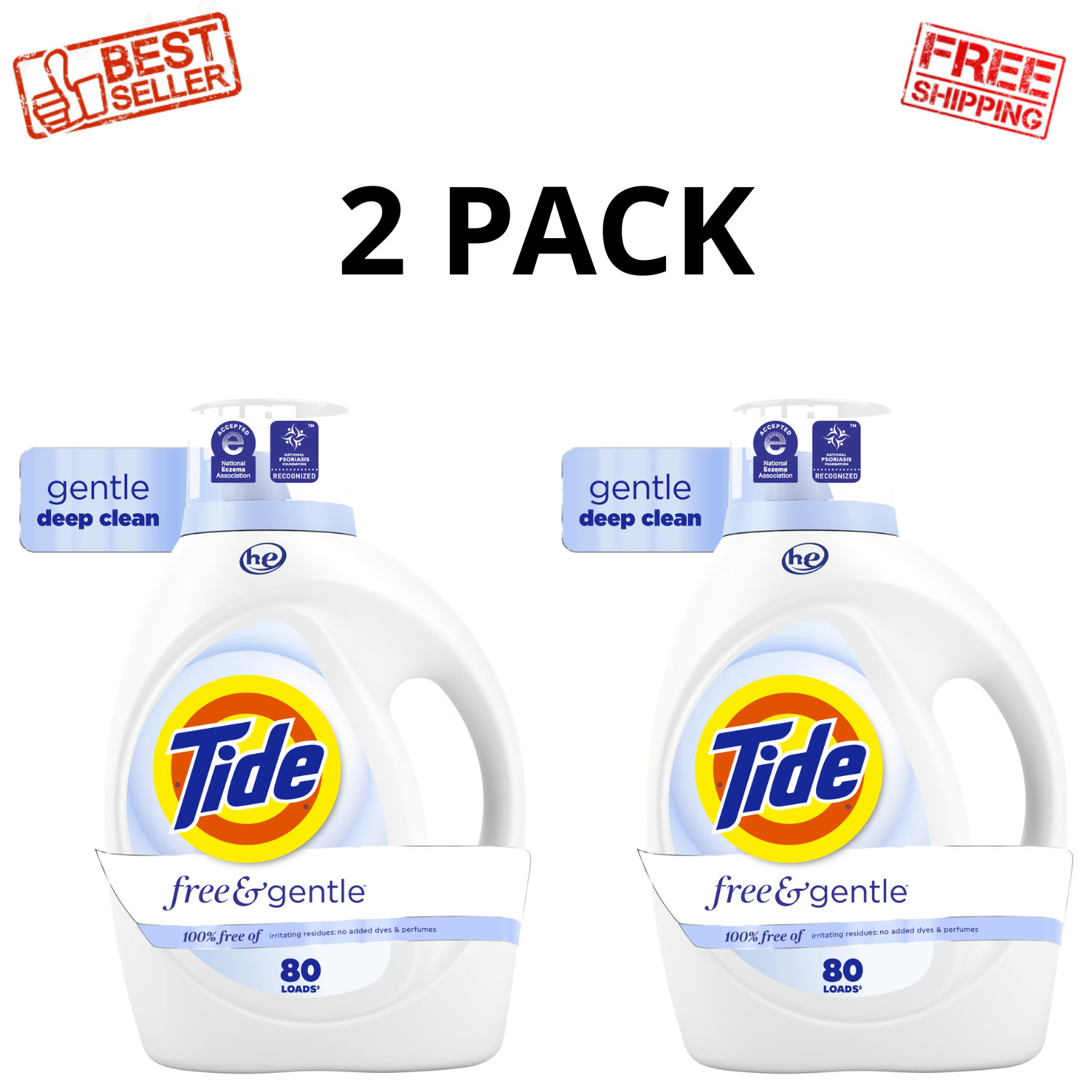 Tide Free & Gentle Liquid Laundry Detergent 105 fl oz 80 Loads Unscented, 2 Pack