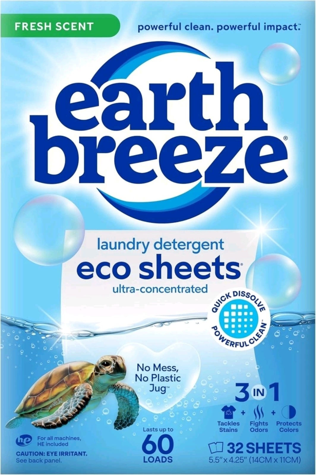 Earth Breeze Laundry Detergent Sheets Fresh Scent 30 Ct 60 Loads Travel Eco