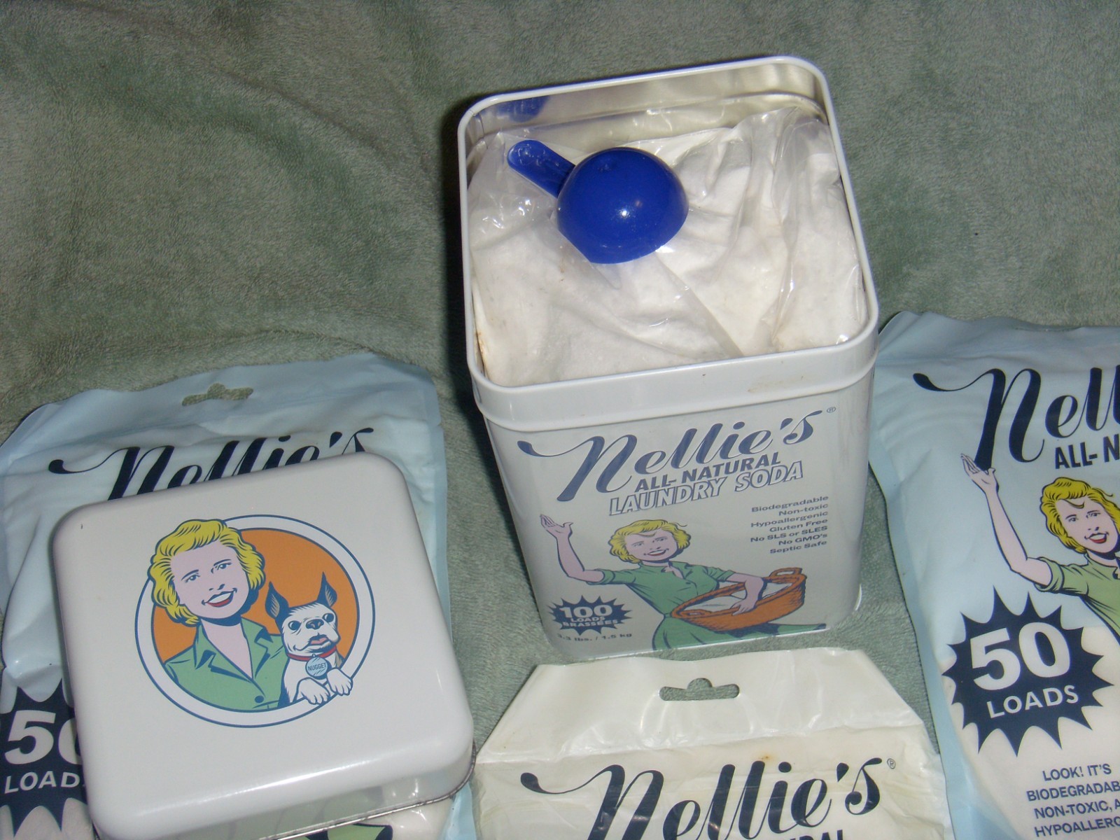 Nellie’s Laundry Soda Lot w/ 100-Load Tin + 2×50 Refills & Oxygen Brightener NEW