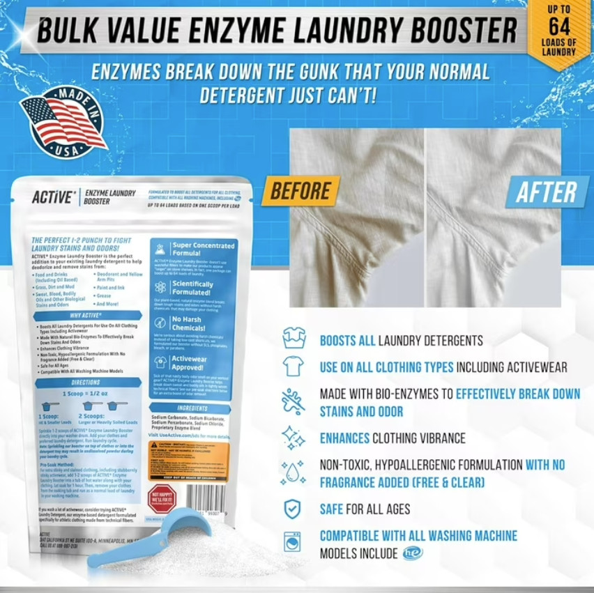 Active Unscented Enzyme Laundry Booster and Odor Removing Detergent, 128 Loads