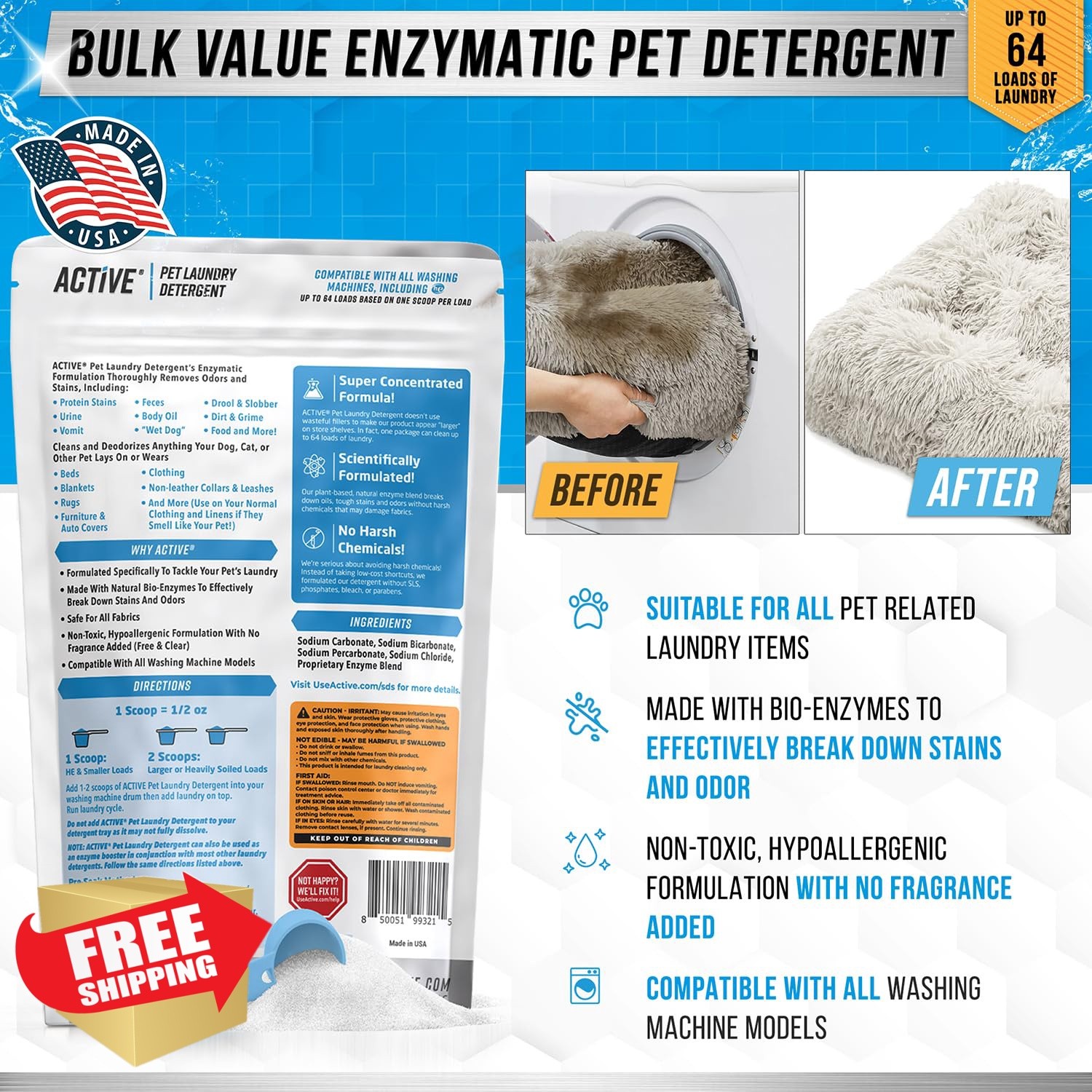 ACTIVE Pet Laundry Detergent Enzyme Odor Remover 64 Loads