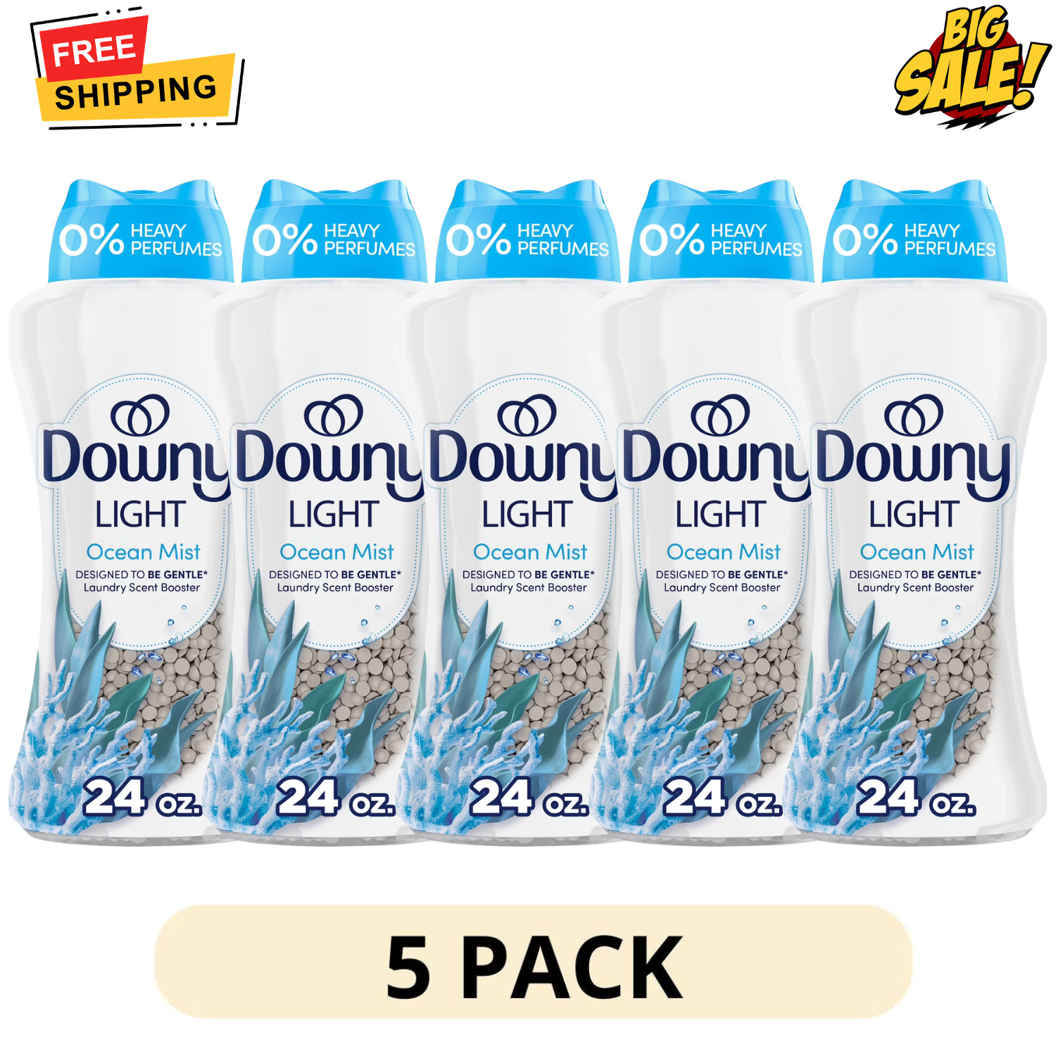 5 Pack Downy Light Ocean Mist Laundry Scent Booster Beads 24 oz In Wash Fresh