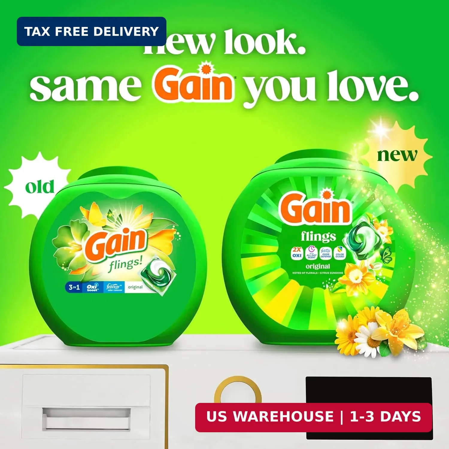Gain Flings Liquid Washing Detergent Pods, Now with Odor Defense + Color Guard,