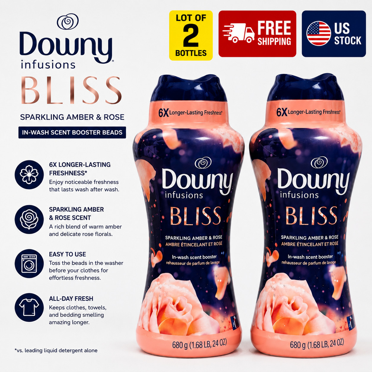 2 X 24 Oz 1.5 Lb Down Infusions Bliss Sparkling Amber & Rose Scent Booster Beads