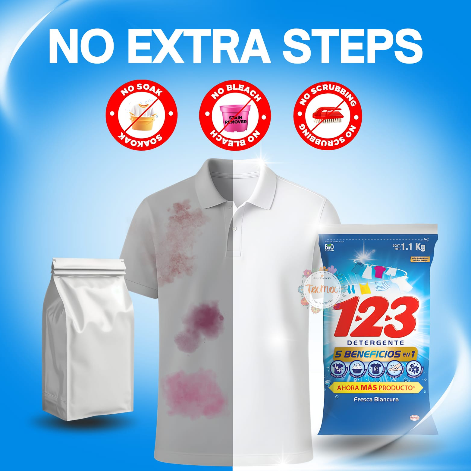 123 POWDER LAUNDRY DETERGENT 5 BENEFITS 1.1 KILO BAG TOUGH STAIN REMOVER