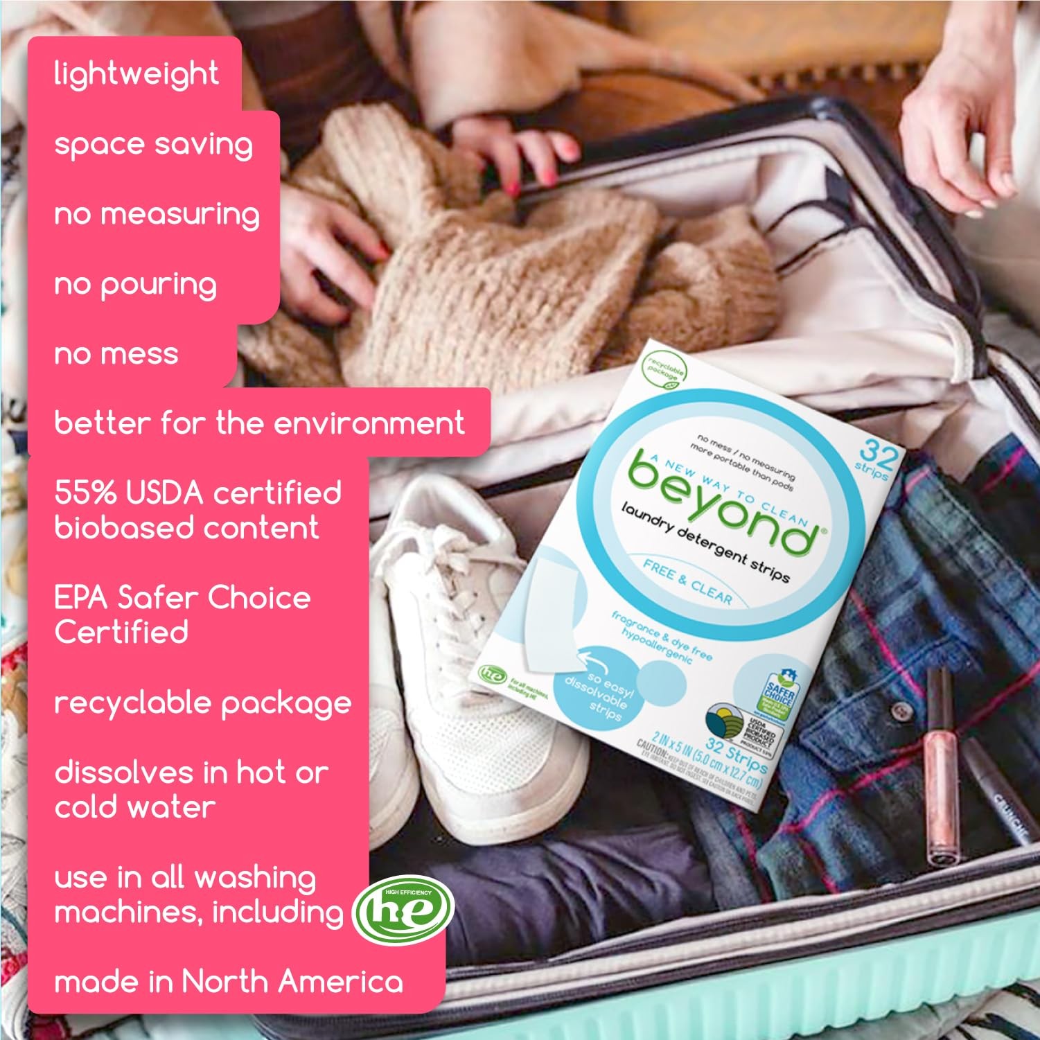 32 Count Laundry Detergent Strips Free Clear Eco Friendly Hypoallergenic