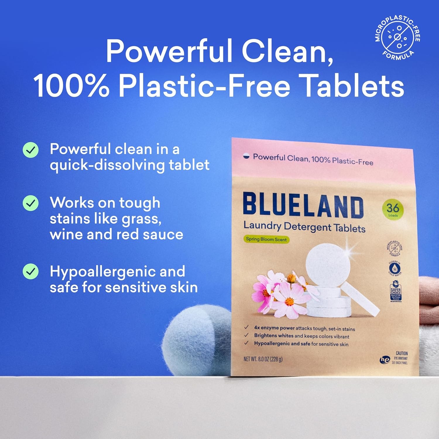 BLUELAND Laundry Detergent Tablets, 36 Count, Spring Bloom Scent, Plastic-Free E