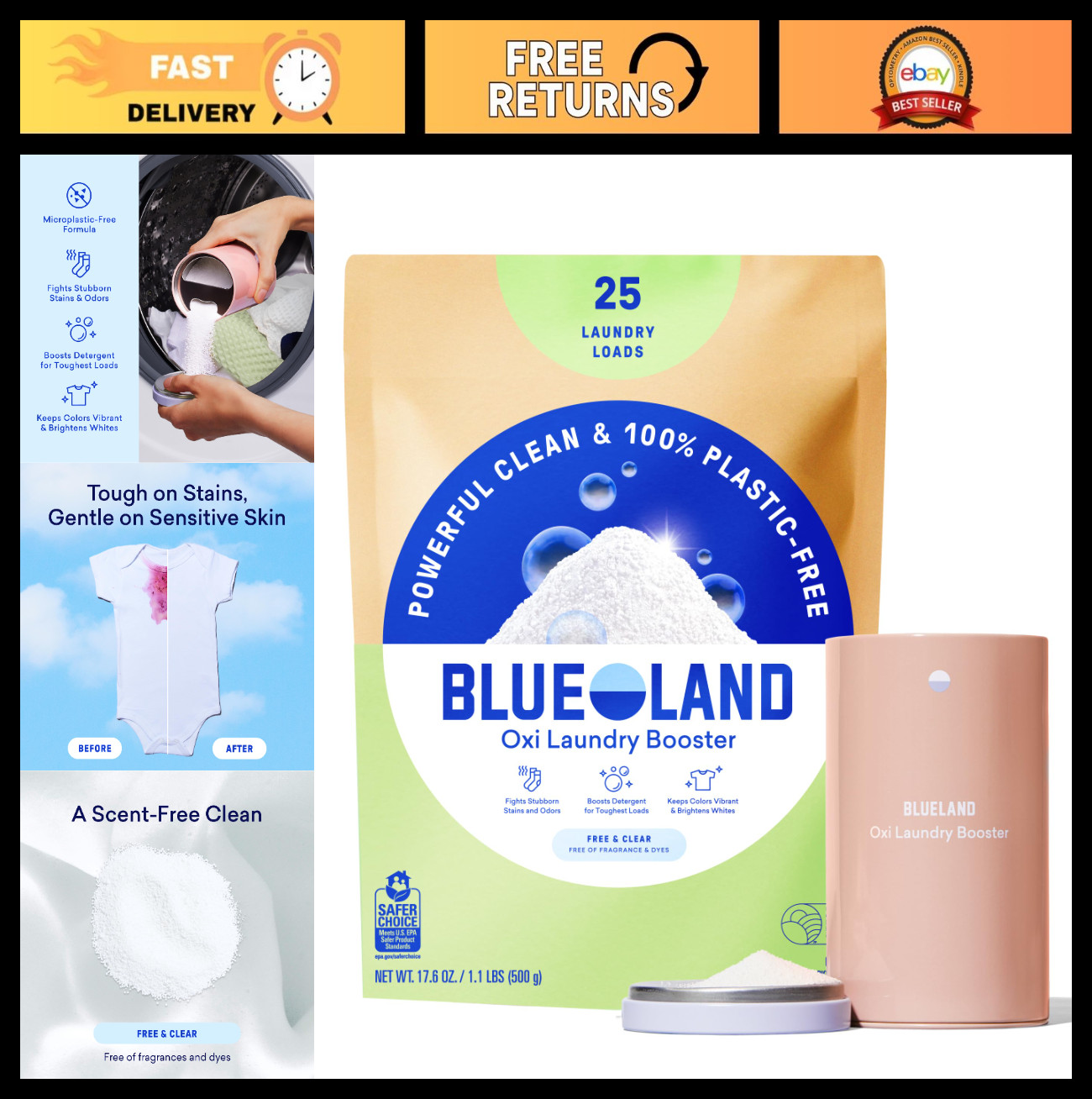 Eco-Friendly Laundry Booster Powder, Fragrance-Free, 25 Loads, Oxy Stain Remover