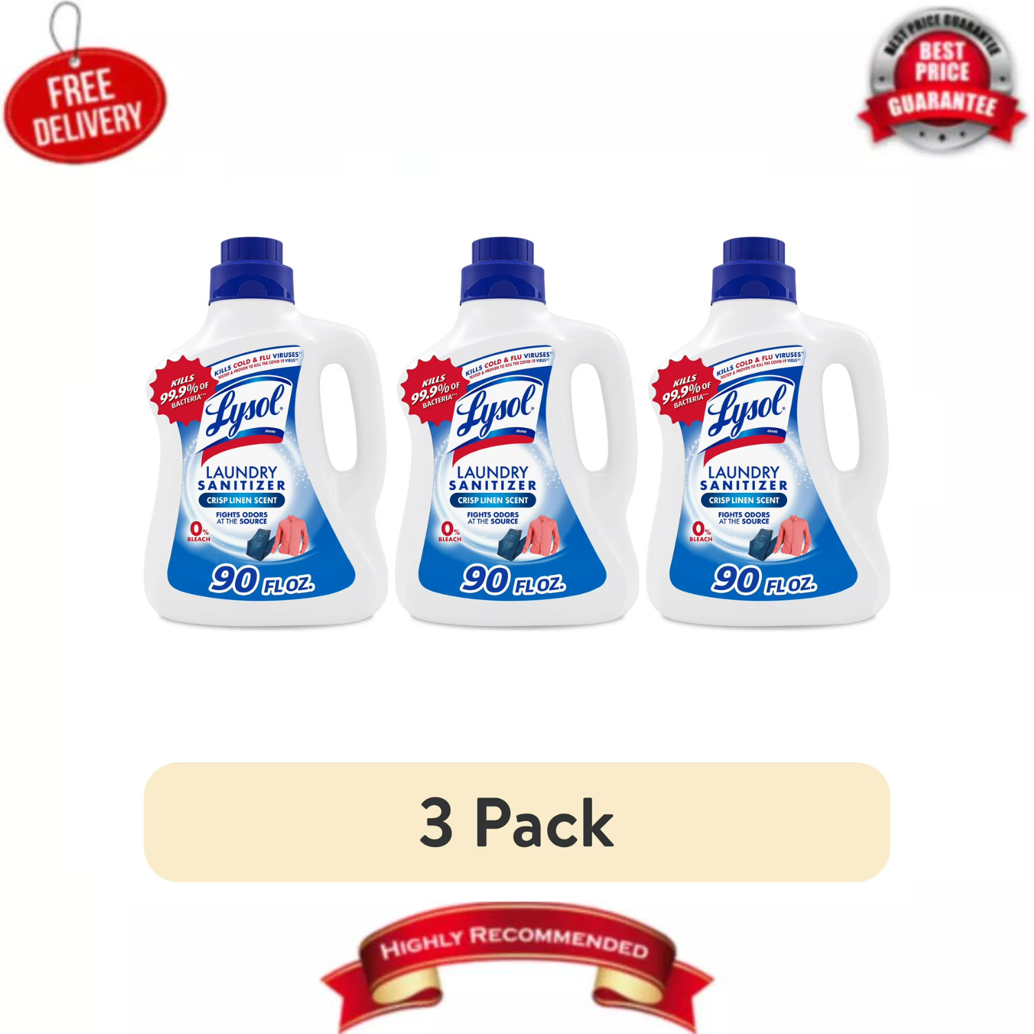 Lysol Laundry Sanitizer Crisp Linen 90oz Kills 99.9% Bacteria Odor, 3 Pack