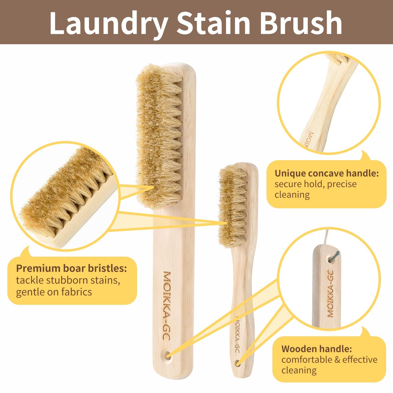 2 PCS Wood Laundry Stain Brush Set Boar Bristles Large Small Scrub Remover