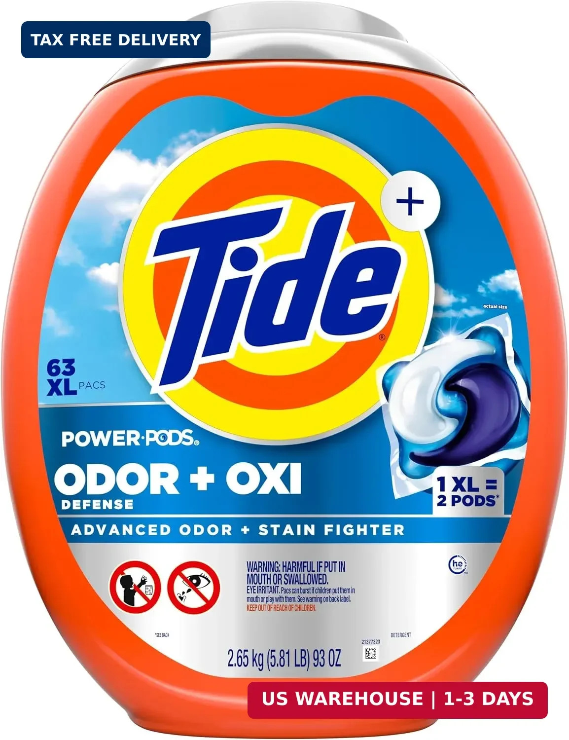 Tide Odor Defense + Oxi Laundry Detergent Pacs, Original Scent, 63 Count, Advanc