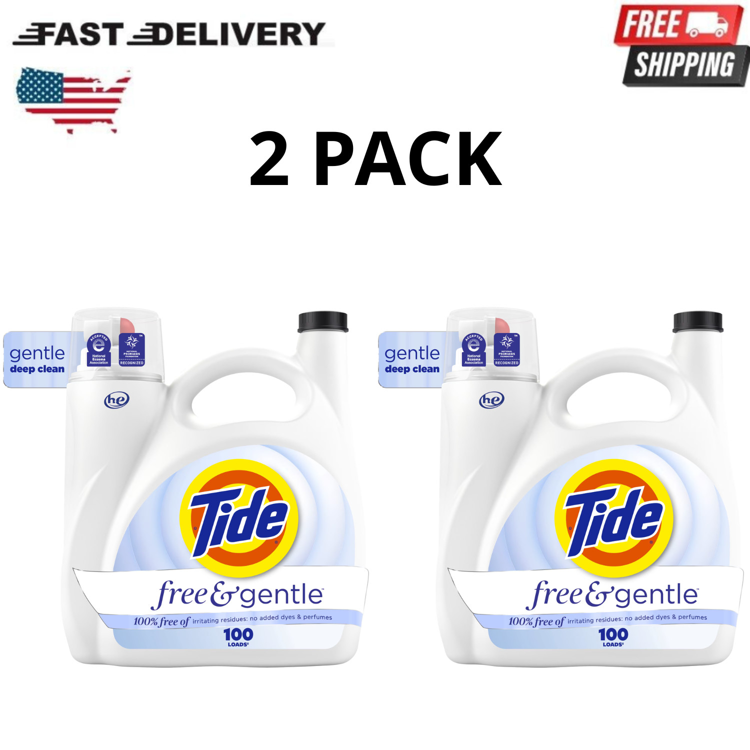 Tide Free & Gentle Detergent Liquid 132 fl oz Hypoallergenic 100 Loads, 2 Pack