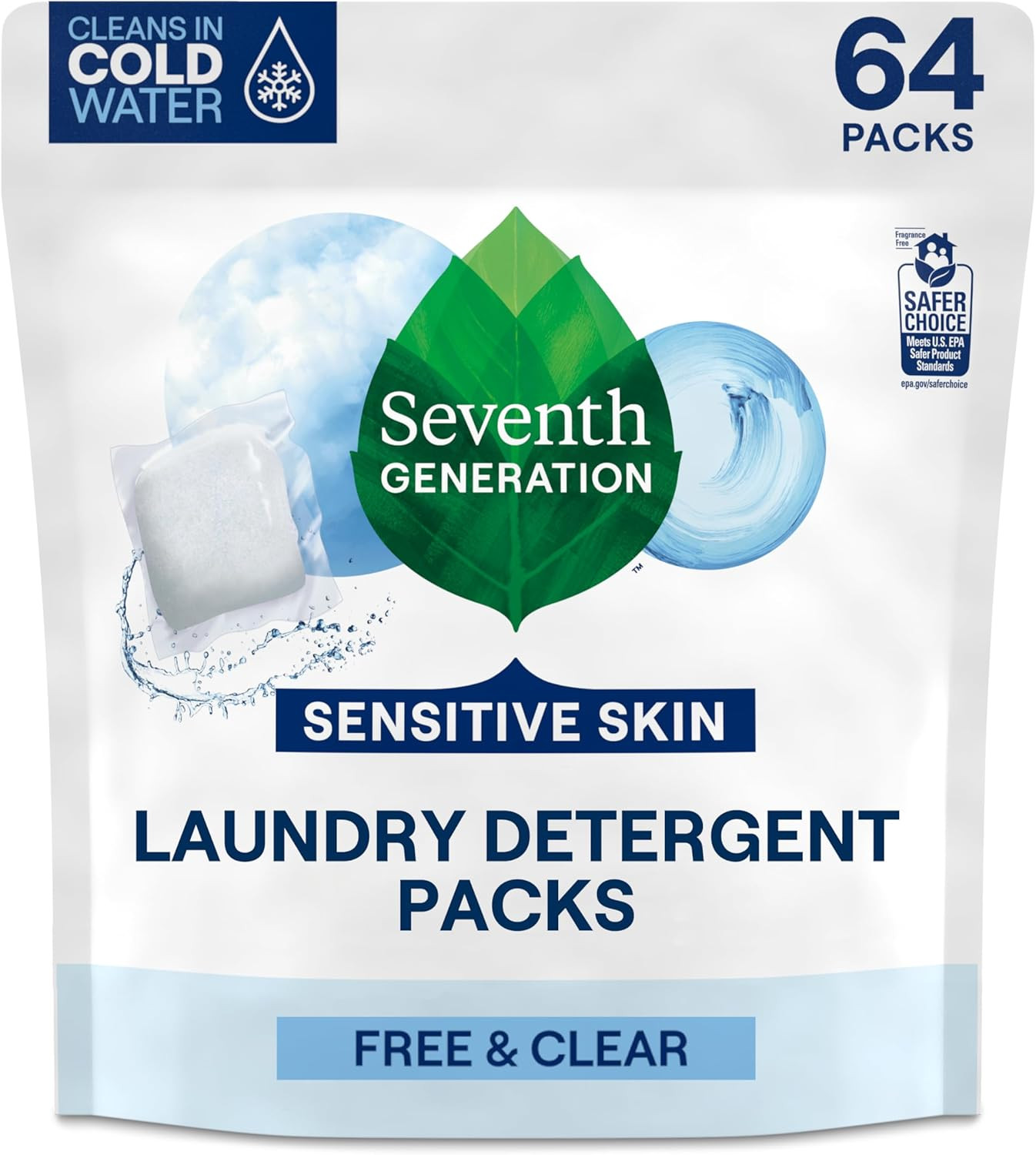 Seventh Generation Laundry Detergent Packs Free & Clear 64ct 6-Pack Pods Bulk