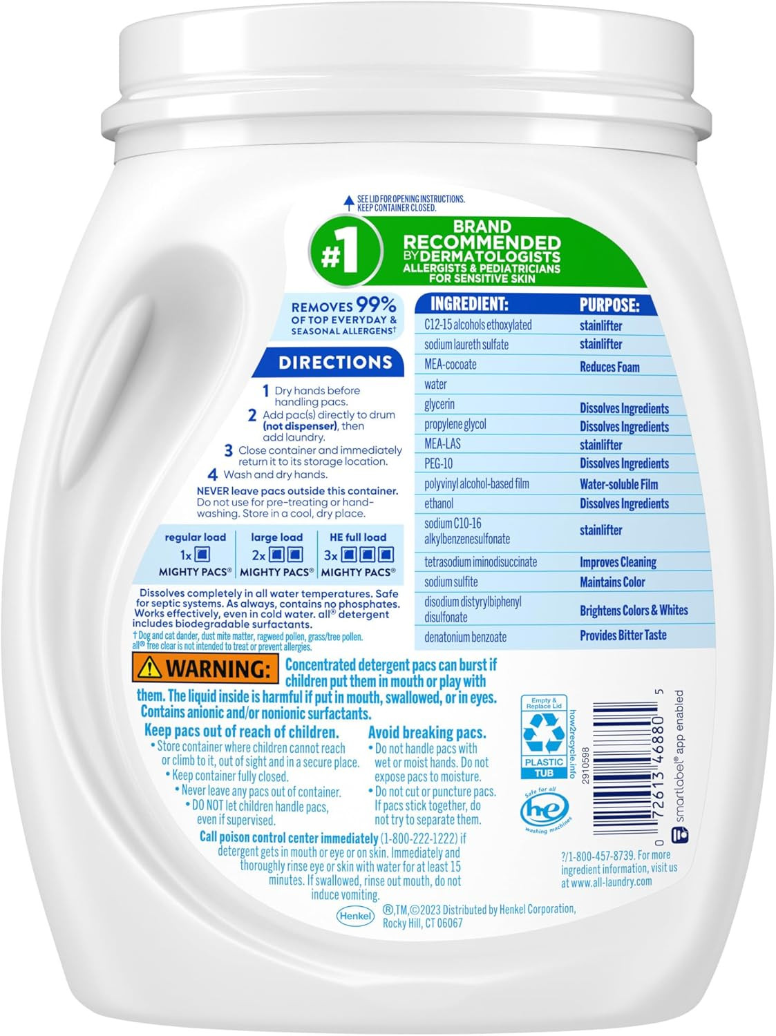 Mighty Pacs Laundry Detergent, Free Clear for Sensitive Skin, Tub, 60 Count