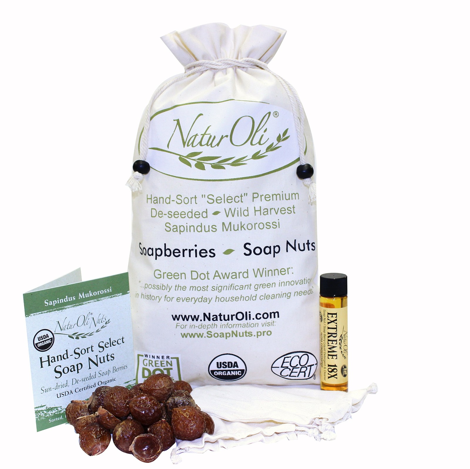Organic Soap Nuts – 2 lbs 480 Loads + Travel Bottle, Wash Bags Info Guide