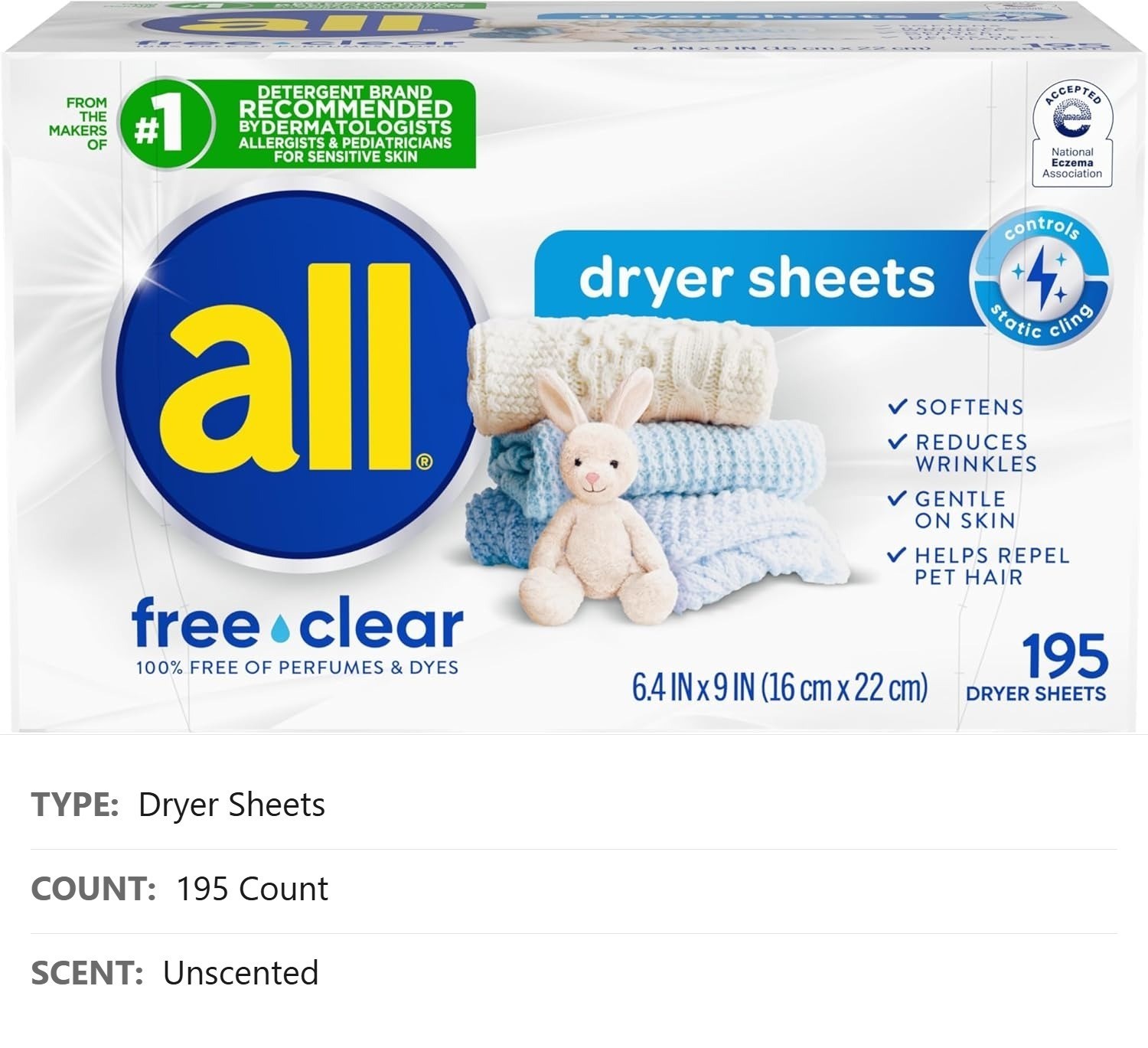 Fabric Softener Dryer Sheets, 195 Count, Sensitive Skin, Unscented, Dye-Free
