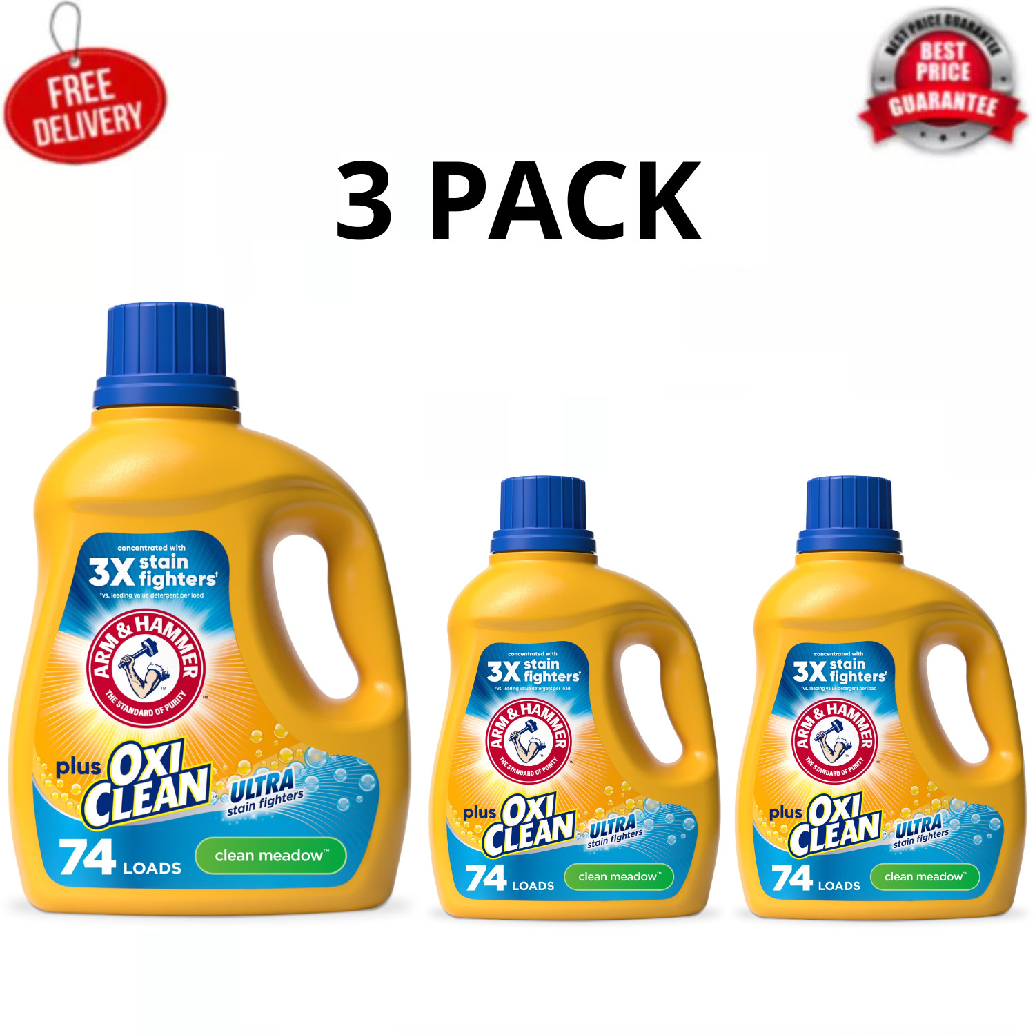 ARM & HAMMER Plus OxiClean Liquid Laundry Detergent Clean Meadow 96.2oz, 3 Pack