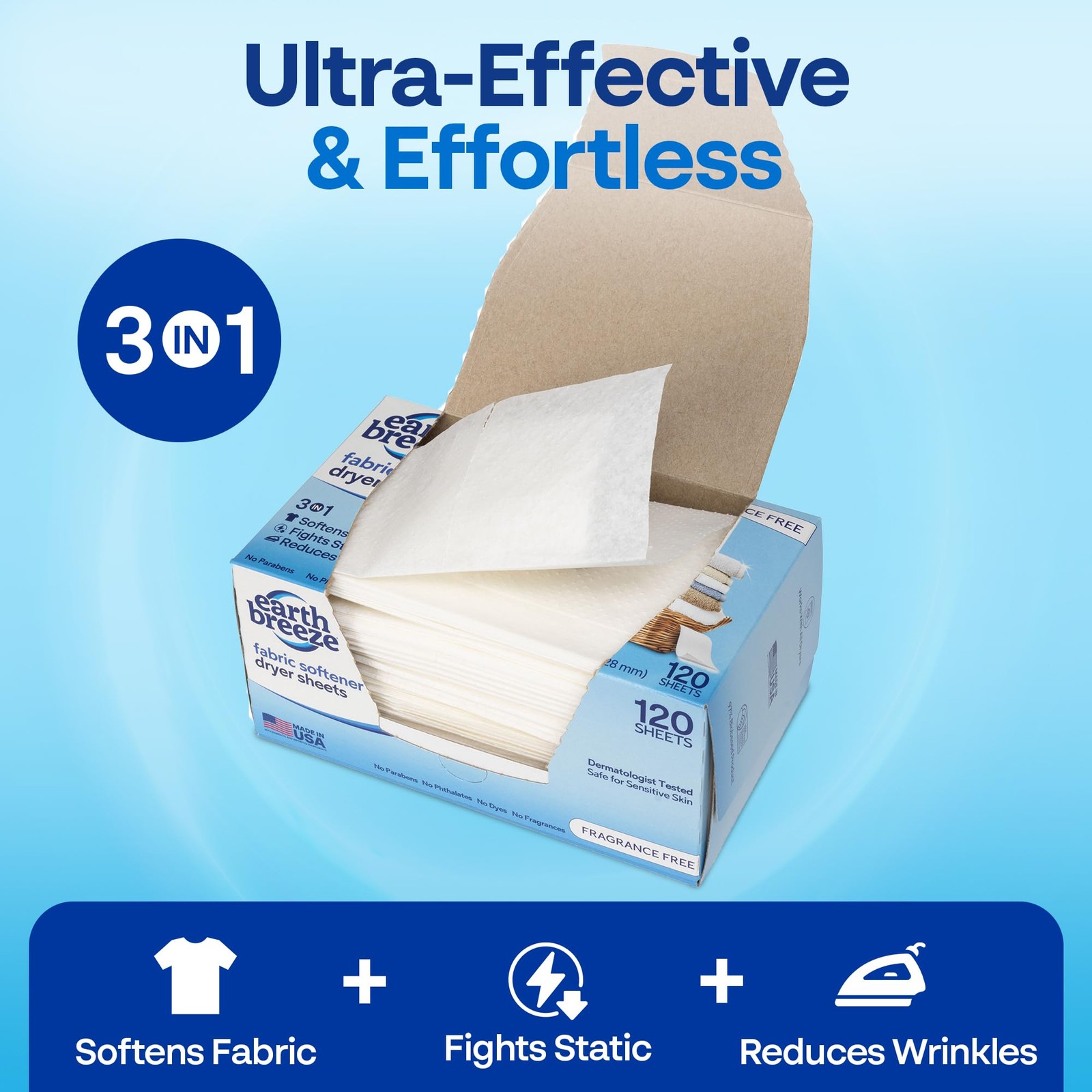 Earth Breeze Fabric Softener Dryer Sheets – Fragrance Free, Hypoallergenic,