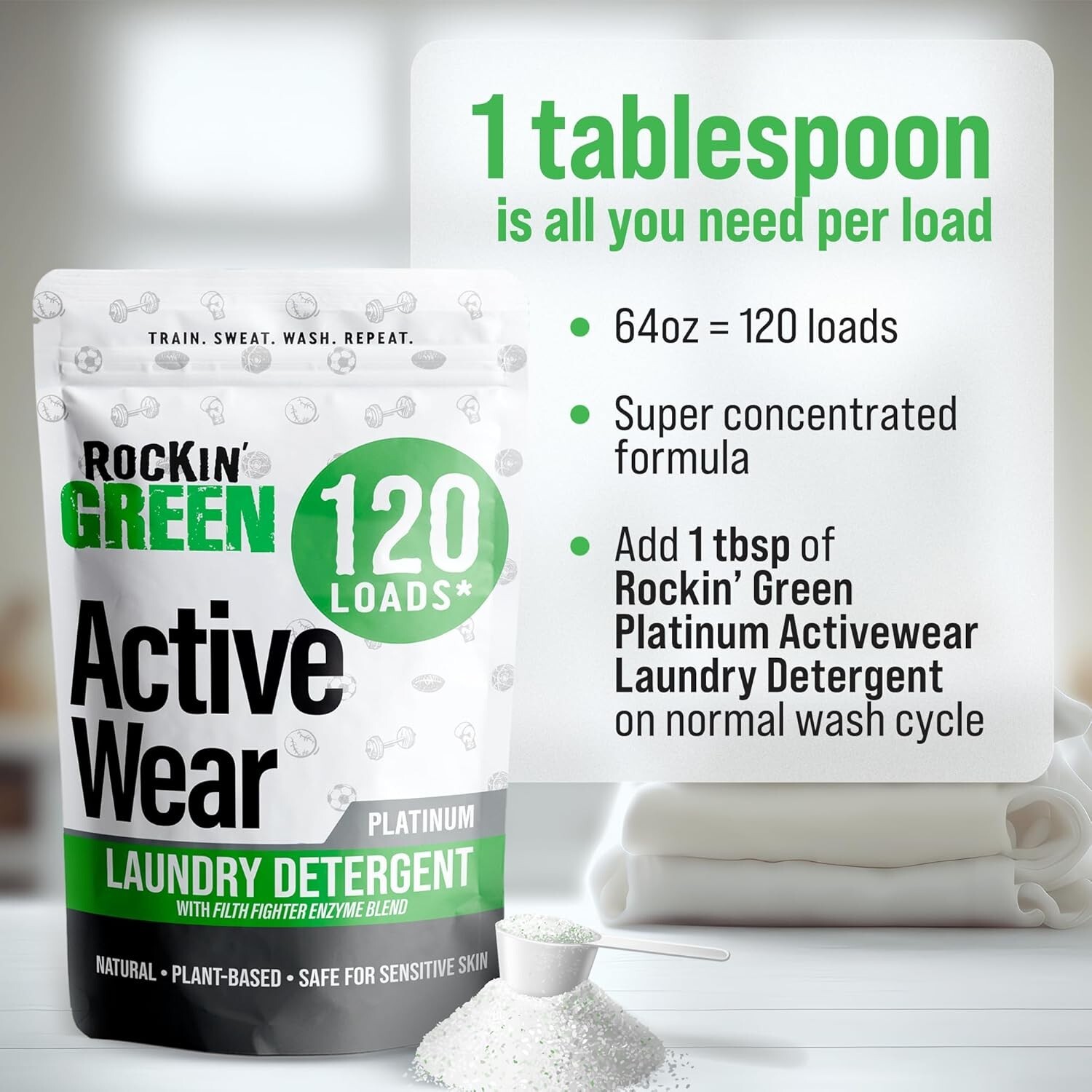 Plant-Based Unscented Laundry Detergent Powder for Active Wear – 120 Loads